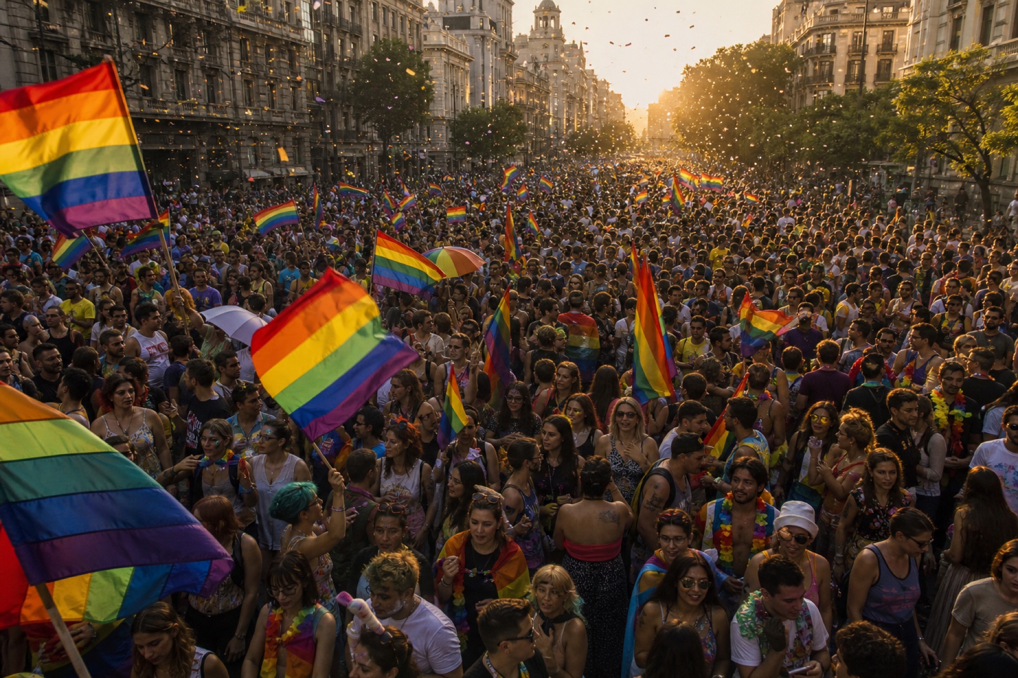 A Pride parade filling a city avenue at golden hour, crowded with people waving rainbow flags