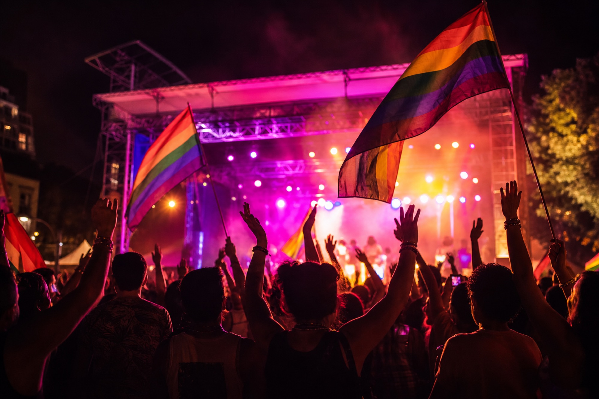 A crowd with raised hands and rainbow flags in front of a festival stage at night