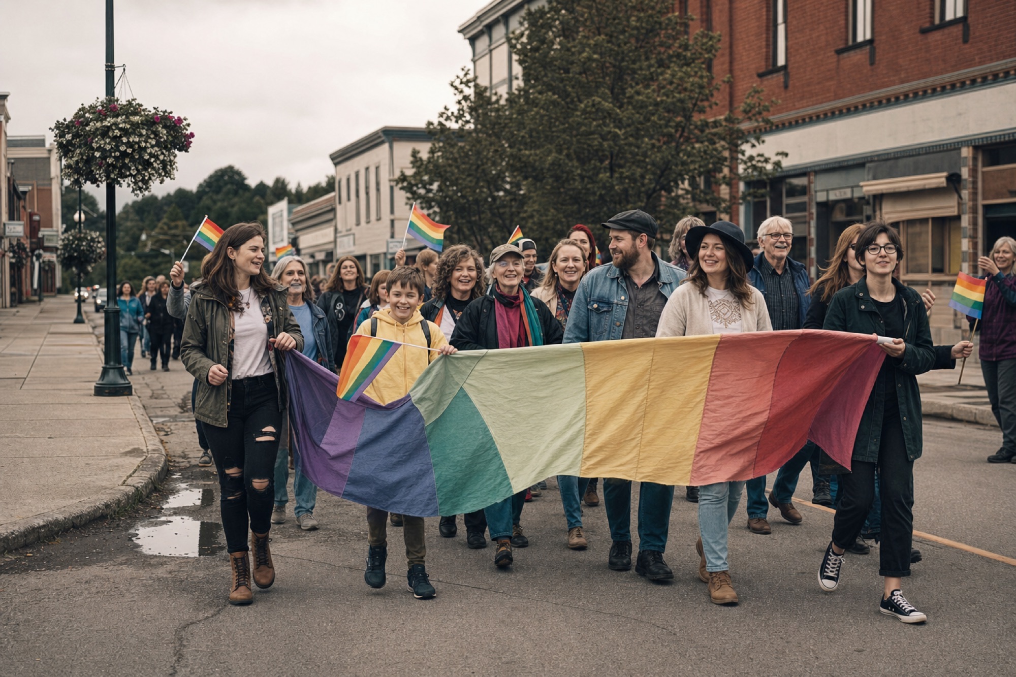 A small-town Pride march with people of all ages carrying a handmade rainbow banner